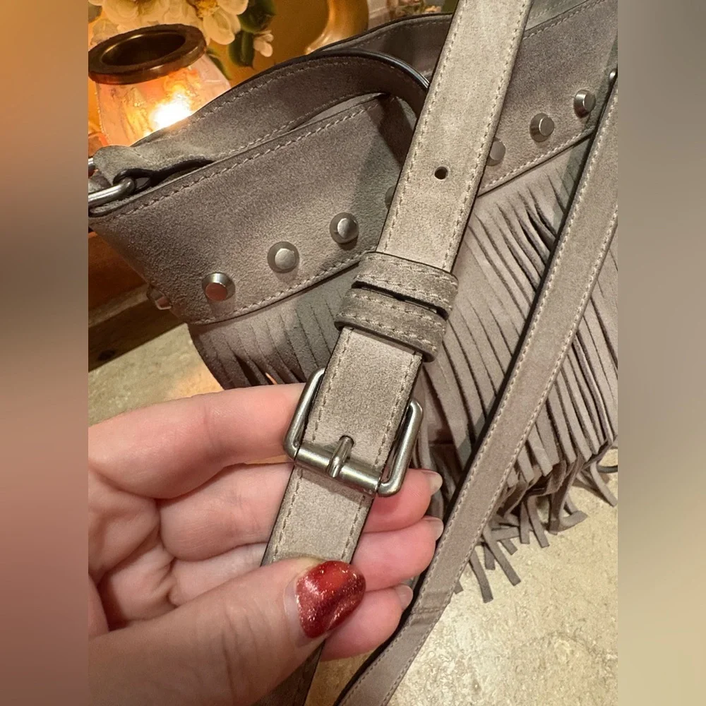 Michael Kors Gray Billy Fringe Crossbody Bag with Studded Detail